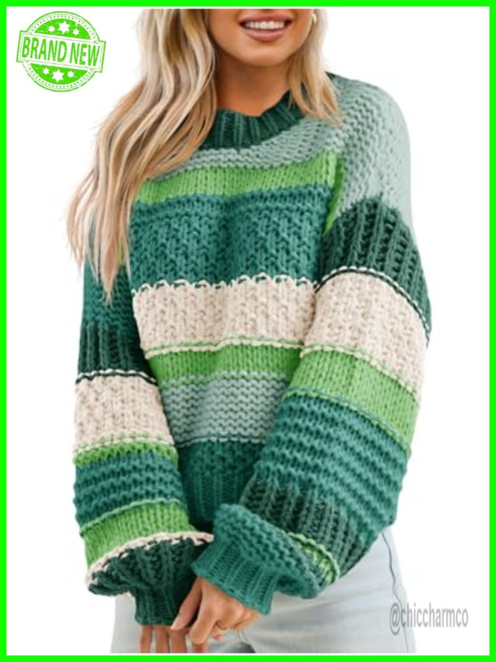 Womens Color Block Striped Chunky Knit Cropped Sweater Long Sleeve Crew Neck